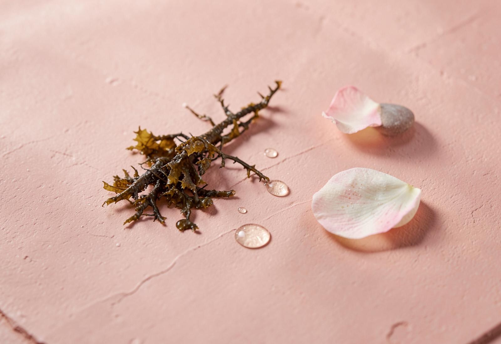 Sea algae, serum droplets, a stone and a rose petal on a pink surface